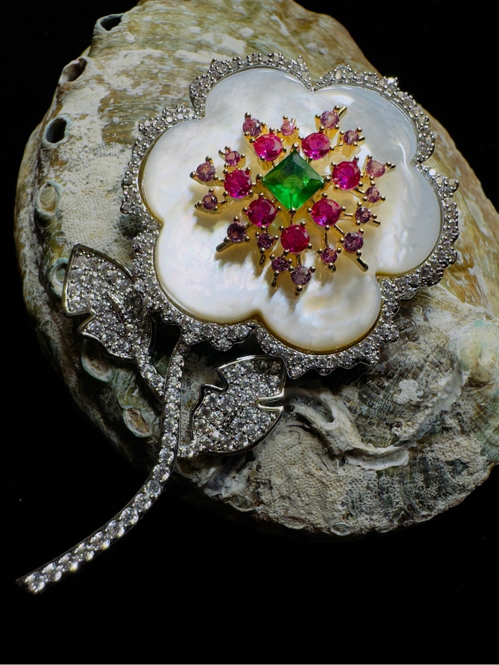 Mother-of-Pearl Floral Brooch with Pink and Green Gem Accents - Picture 3 of 5
